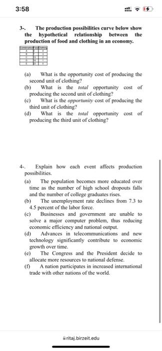 3 58 Al 3 The Production Possibilities Curve Below Show The Hypothetical Relationship Between The Production Of Food An 1