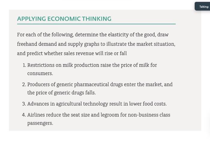 Talking Applying Economic Thinking For Each Of The Following Determine The Elasticity Of The Good Draw Freehand Demand 1