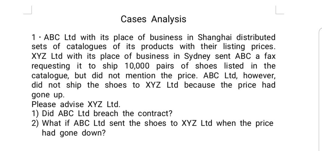 Cases Analysis 1 Abc Ltd With Its Place Of Business In Shanghai Distributed Sets Of Catalogues Of Its Products With Th 1