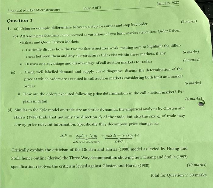 January 2022 Financial Market Microstructure Page 2 Of 5 U Question 1 2 Marks 1 A Using An Example Differentiate B 1