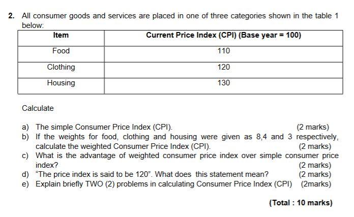 2 All Consumer Goods And Services Are Placed In One Of Three Categories Shown In The Table 1 Below Item Current Price 1