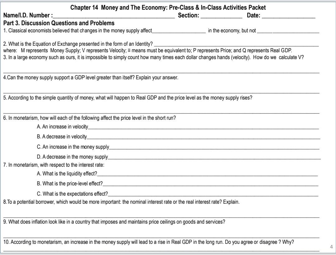 Chapter 14 Money And The Economy Pre Class In Class Activities Packet Name I D Number Section Date Part 3 Discu 1