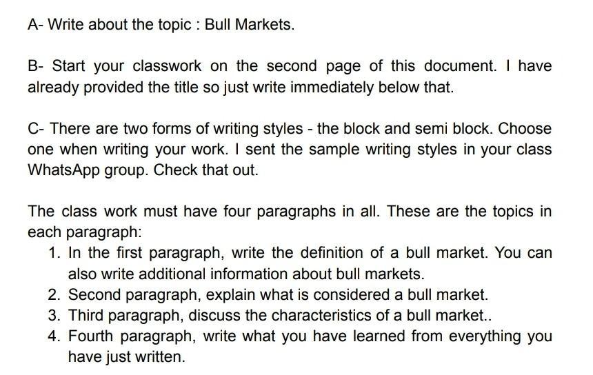 A Write About The Topic Bull Markets B Start Your Classwork On The Second Page Of This Document I Have Already Prov 1