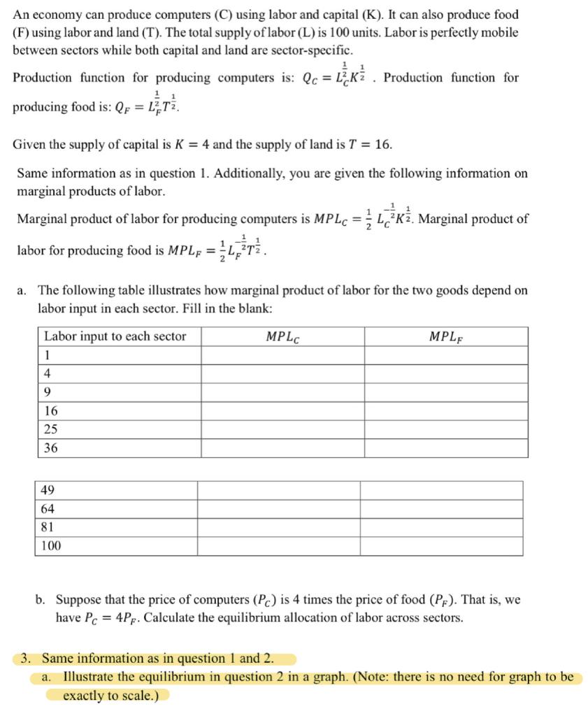 An Economy Can Produce Computers C Using Labor And Capital K It Can Also Produce Food F Using Labor And Land T 1