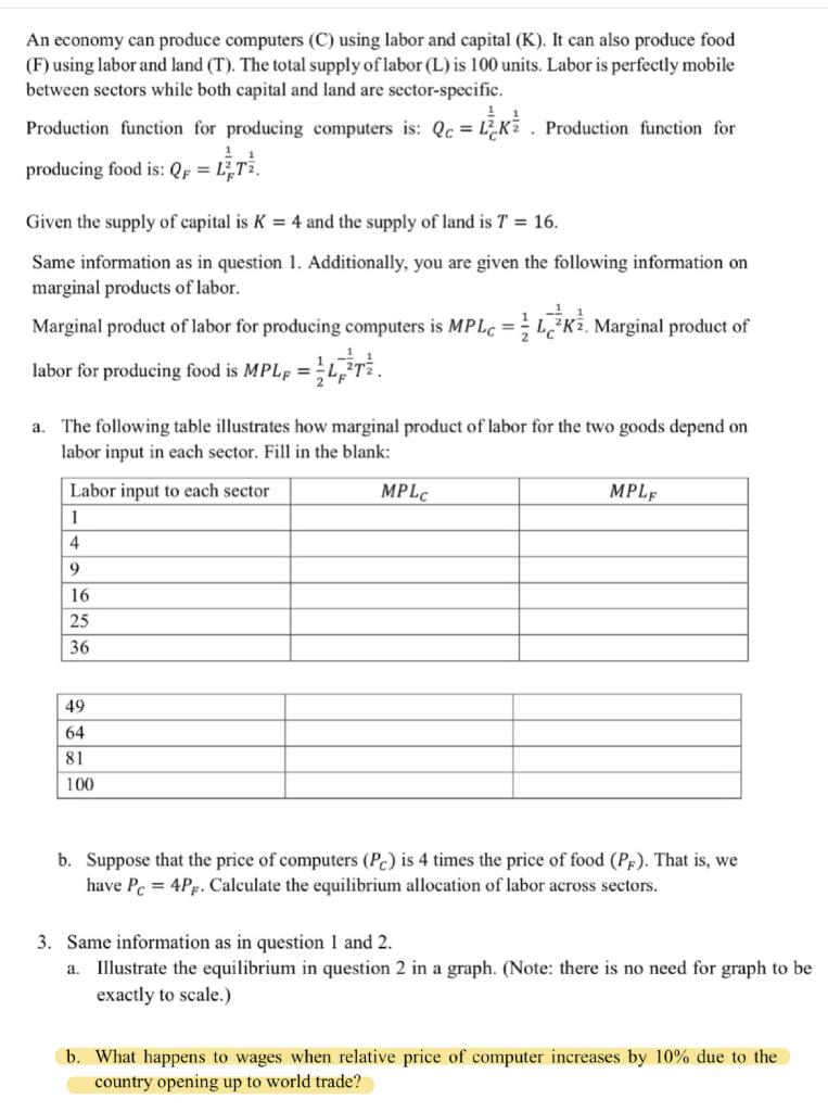 An Economy Can Produce Computers C Using Labor And Capital K It Can Also Produce Food F Using Labor And Land T 1