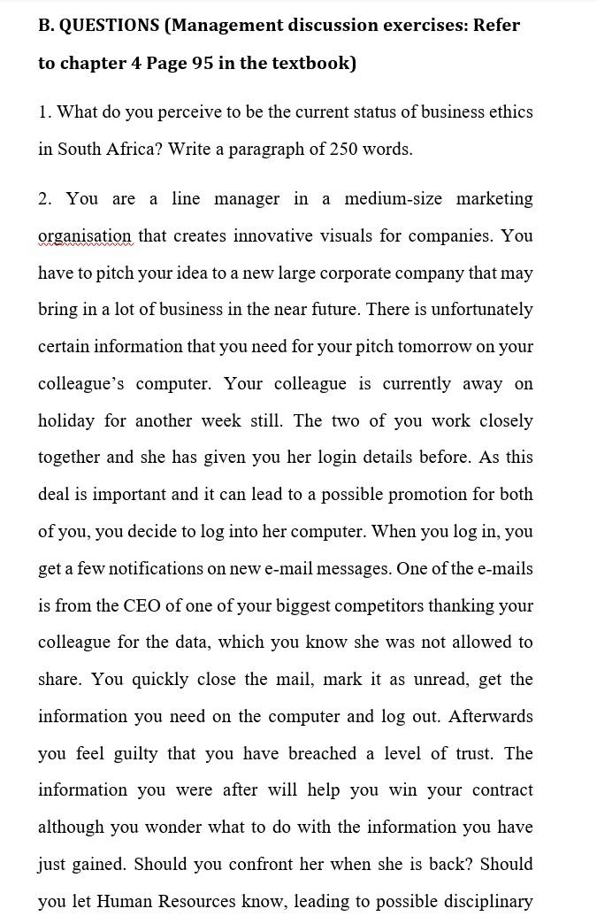 B Questions Management Discussion Exercises Refer To Chapter 4 Page 95 In The Textbook 1 What Do You Perceive To Be 1