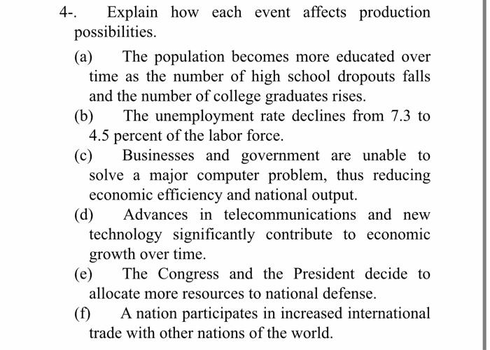4 Explain How Each Event Affects Production Possibilities A The Population Becomes More Educated Over Time As The Nu 1