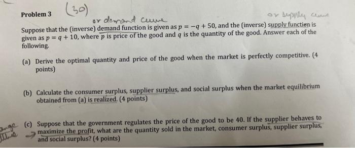 Oy Problem 3 Demand Cure Or Supply And Suppose That The Inverse Demand Function Is Given As P 50 And The Inverse 1
