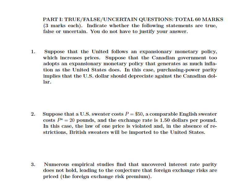 Part I True False Uncerta In Questions Total 60 Marks 3 Marks Each Indicate Whether The Following Statements Are Tr 1