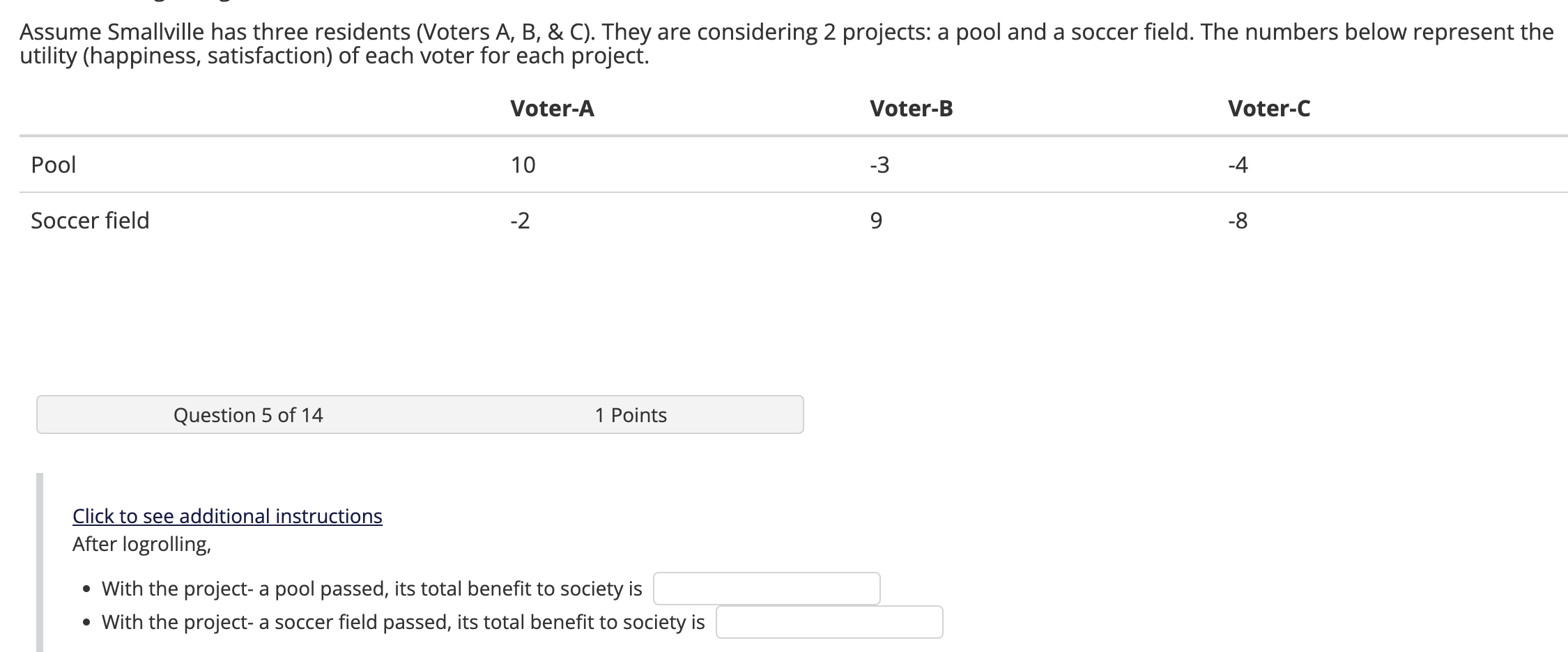 Assume Smallville Has Three Residents Voters A B C They Are Considering 2 Projects A Pool And A Soccer Field Th 1