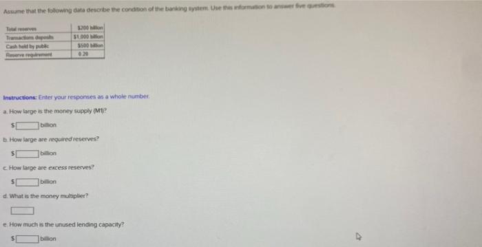 Assume That The Following Data Describe The Condition Of The Banking System Use This Form Of Stos Terve 1200 Il Stalon 1