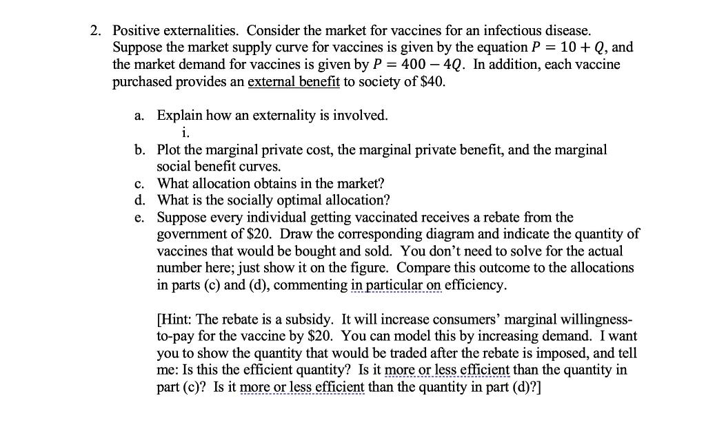 2 Positive Externalities Consider The Market For Vaccines For An Infectious Disease Suppose The Market Supply Curve F 1