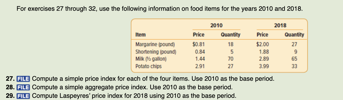 For Exercises 27 Through 32 Use The Following Information On Food Items For The Years 2010 And 2018 2010 Quantity Item 1