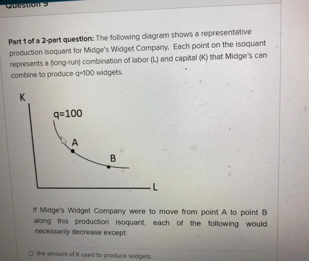 Questions Part 1 Of A 2 Part Question The Following Diagram Shows A Representative Production Isoquant For Midge S Widg 1