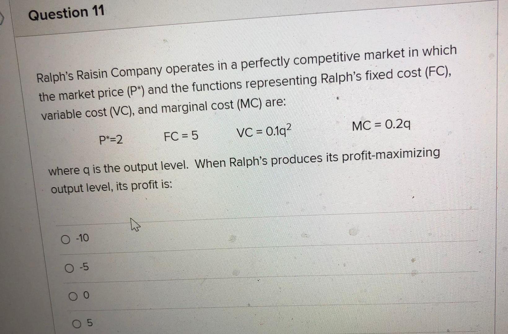 Question 11 Ralph S Raisin Company Operates In A Perfectly Competitive Market In Which The Market Price P And The Fun 1