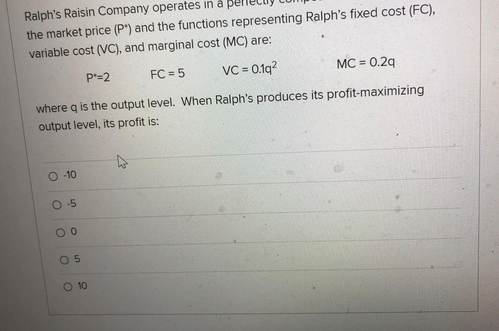 Question 11 Ralph S Raisin Company Operates In A Perfectly Competitive Market In Which The Market Price P And The Fun 2