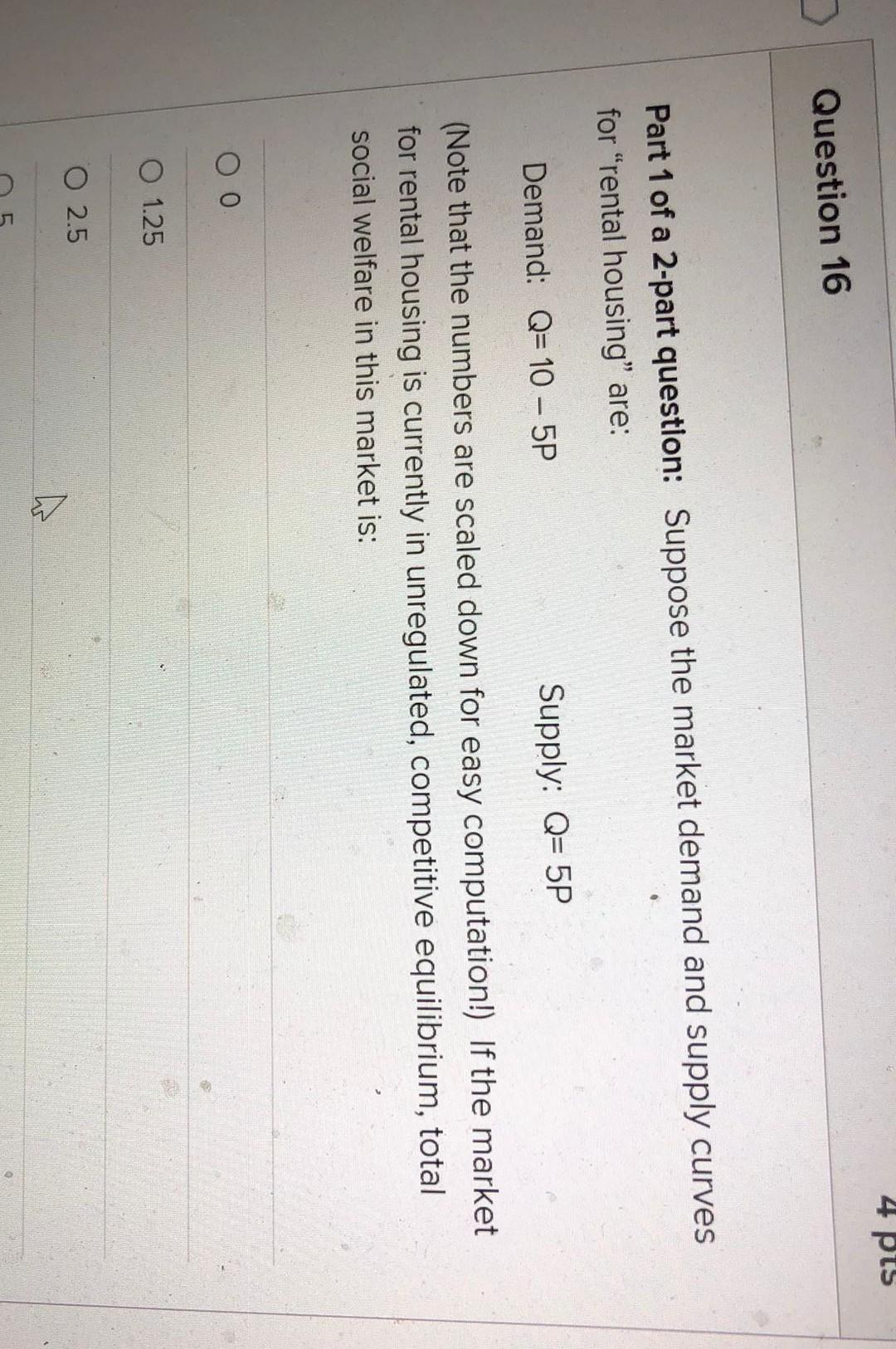 4 Pts Question 16 Part 1 Of A 2 Part Question Suppose The Market Demand And Supply Curves For Rental Housing Are Dem 1