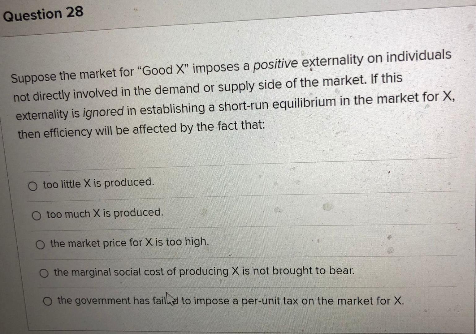 Question 28 Suppose The Market For Good X Imposes A Positive Externality On Individuals Not Directly Involved In The D 1