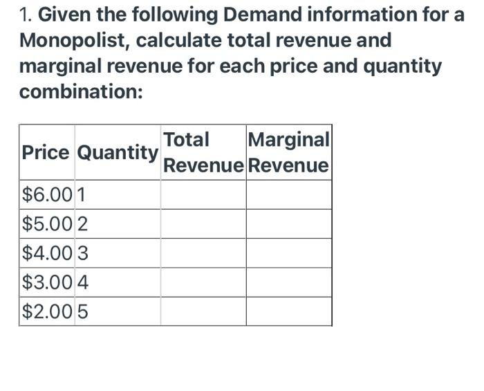 2 Given The Following Information What Quantity Is Profit Maximizing For A Monopolist Explain Your Answer 3 Please 2