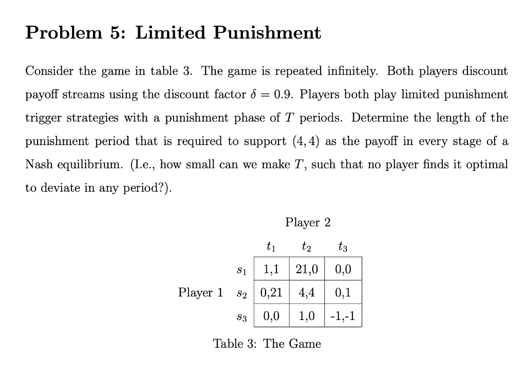 Problem 5 Limited Punishment Consider The Game In Table 3 The Game Is Repeated Infinitely Both Players Discount Payof 1