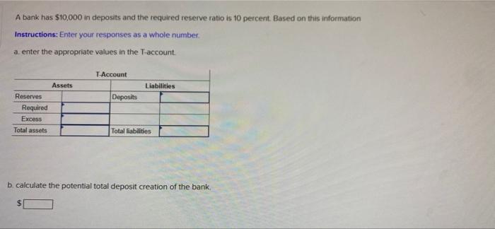A Bank Has 10 000 In Deposits And The Required Reserve Ratio Is 10 Percent Based On This Information Instructions Ent 1