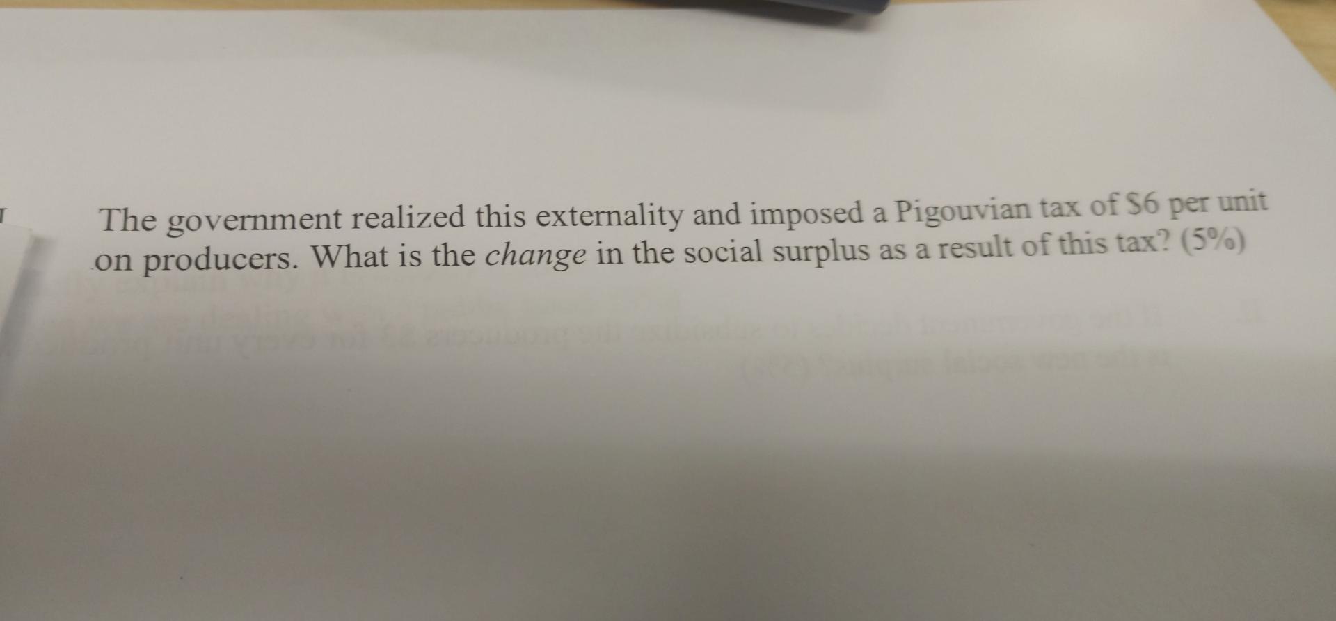 Per Unit The Government Realized This Externality And Imposed A Pigouvian Tax Of 56 On Producers What Is The Change In 1