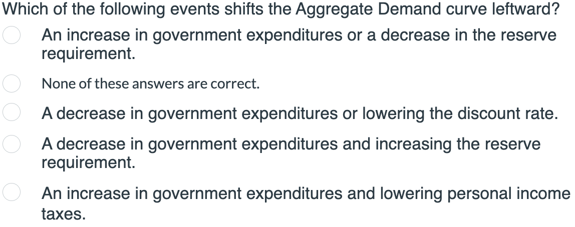 Which Of The Following Events Shifts The Aggregate Demand Curve Leftward An Increase In Government Expenditures Or A De 1