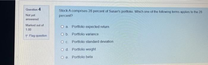 Question 4 Stock A Comprises 28 Percent Of Susan S Portfolio Which One Of The Following Terms Applies To The 28 Not Yet 1