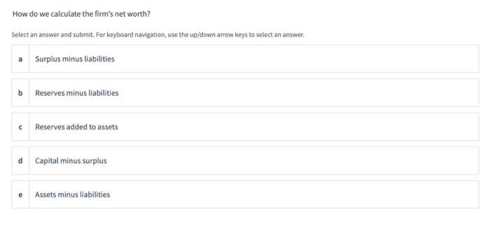 How Do We Calculate The Firm S Net Worth Select An Answer And Submit For Keyboard Navigation Use The Up Down Arrow Ke 1