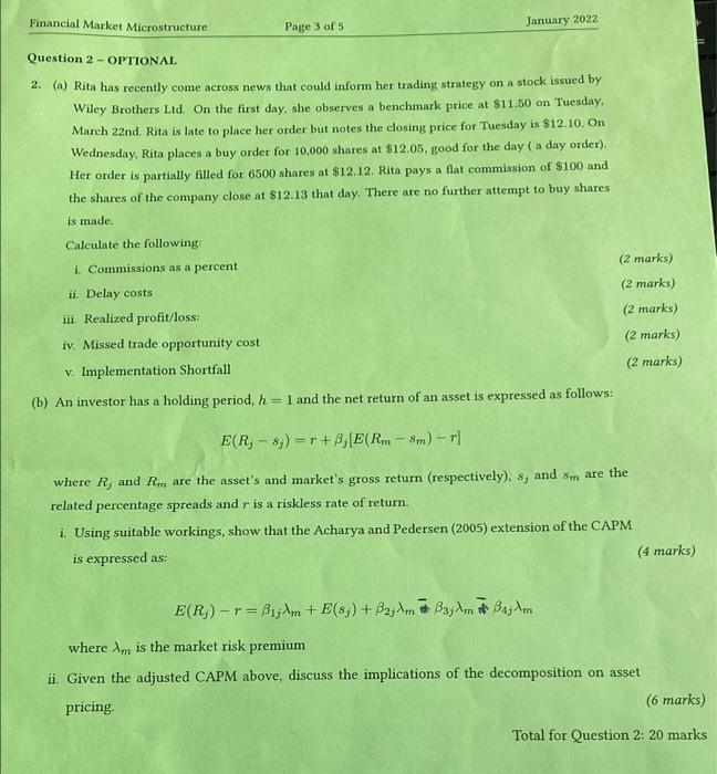Financial Market Microstructure Page 3 Of 5 January 2022 Question 2 Optional 2 6 Rita Has Recently Come Across News 1
