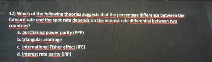 12 Which Of The Following Theories Suggests That The Percentage Difference Between The Forward Rate And The Spot Rate D 1