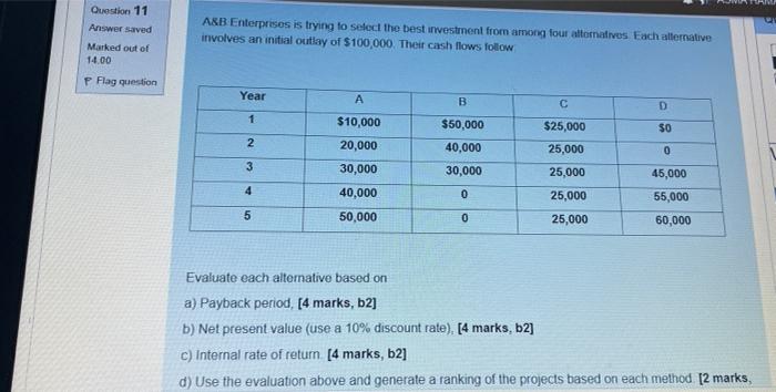 Question 11 Answer Saved Marked Out Of 14 00 Asb Enterprises Is Trying To Select The Best Investment From Among Four Alt 1