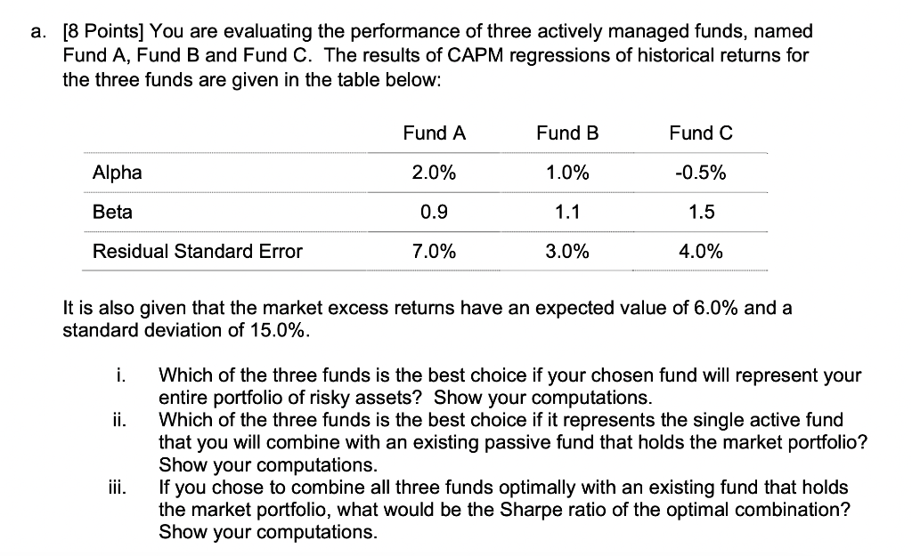 A 8 Points You Are Evaluating The Performance Of Three Actively Managed Funds Named Fund A Fund B And Fund C The R 1