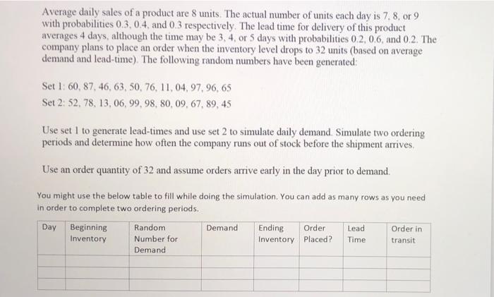Average Daily Sales Of A Product Are 8 Units The Actual Number Of Units Each Day Is 7 8 Or 9 With Probabilities 0 3 0 1
