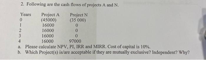 2 Following Are The Cash Flows Of Projects A And N Years Project A Project N 0 45000 35 000 1 16000 0 2 16000 0 3 1