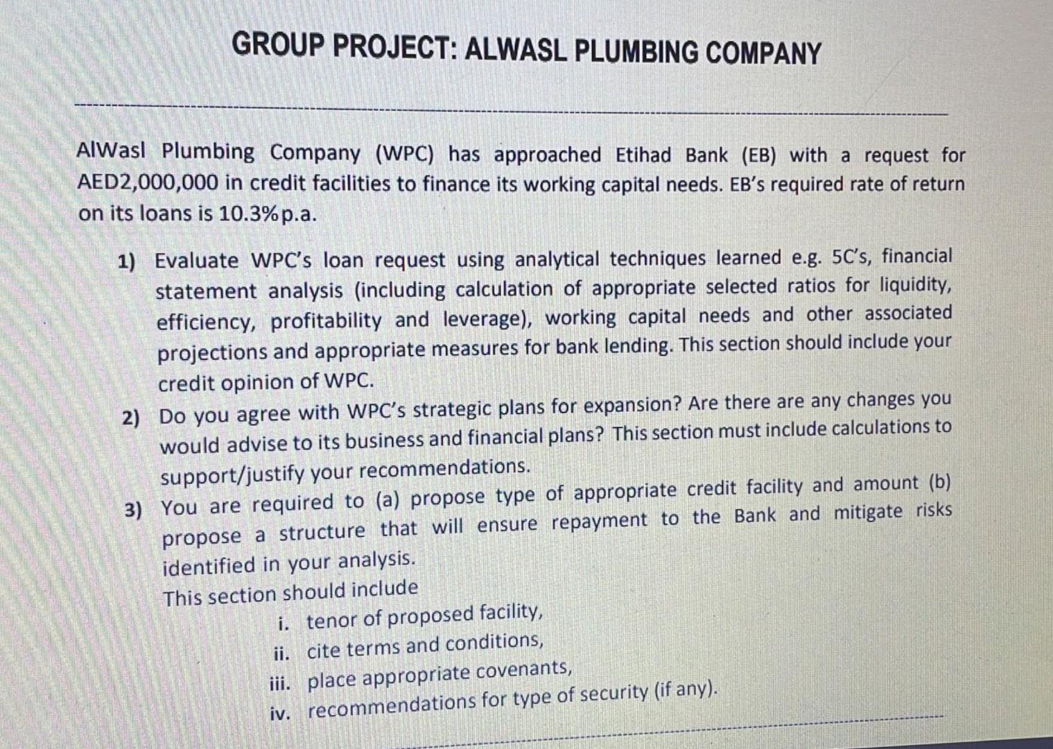 Group Project Alwasl Plumbing Company Alwasl Plumbing Company Wpc Has Approached Etihad Bank Eb With A Request For 1
