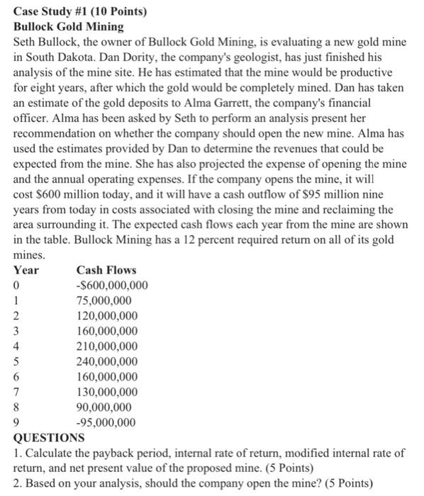 Case Study 1 10 Points Bullock Gold Mining Seth Bullock The Owner Of Bullock Gold Mining Is Evaluating A New Gold M 1