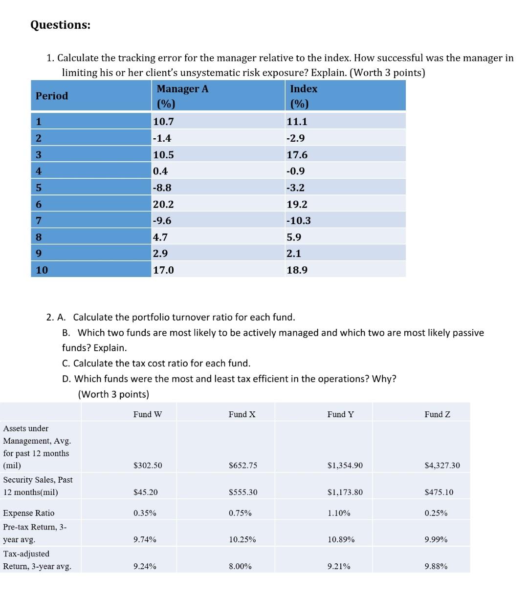 Questions 1 Calculate The Tracking Error For The Manager Relative To The Index How Successful Was The Manager In Limi 1