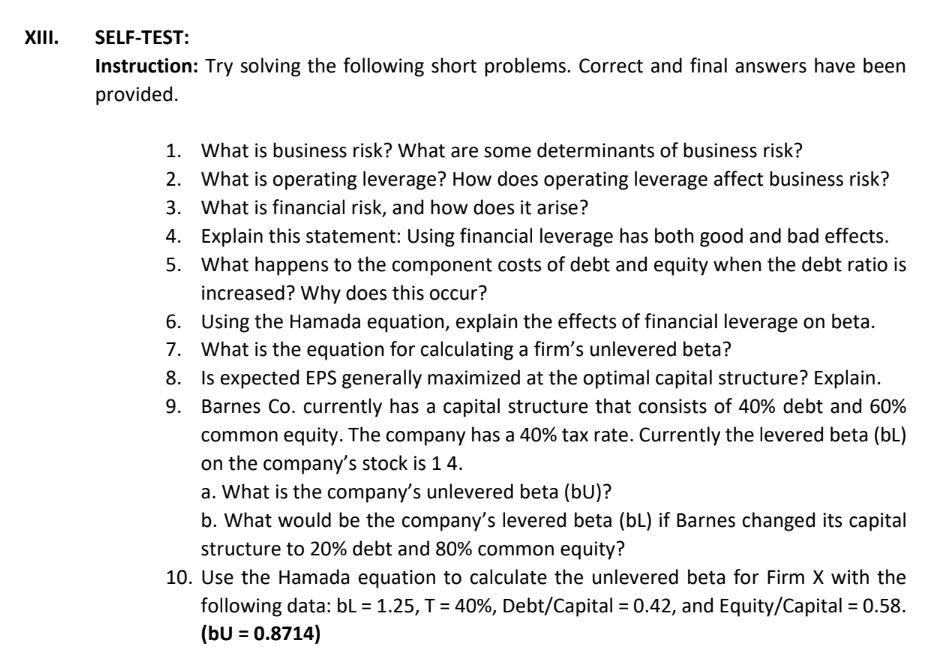 Xiii Self Test Instruction Try Solving The Following Short Problems Correct And Final Answers Have Been Provided 1 1