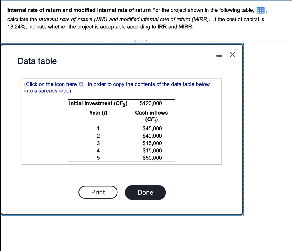 Internal Rate Of Return And Modified Internal Rate Of Return For The Project Shown In The Following Table Calculate T 1