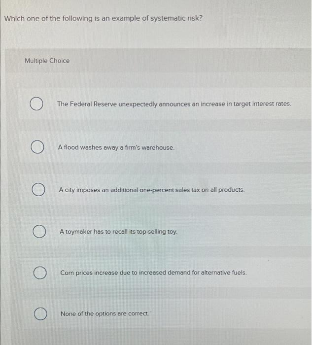 Which One Of The Following Is An Example Of Systematic Risk Multiple Choice O The Federal Reserve Unexpectedly Announce 1