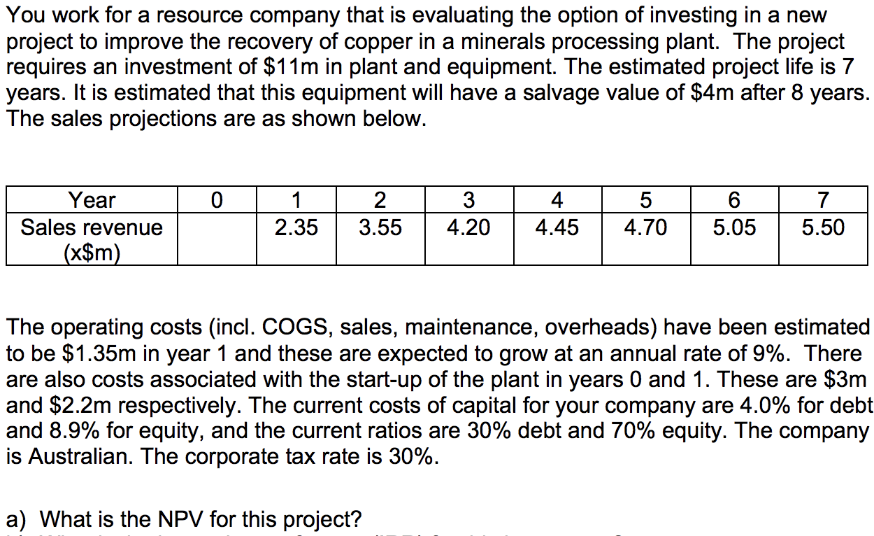 You Work For A Resource Company That Is Evaluating The Option Of Investing In A New Project To Improve The Recovery Of C 1