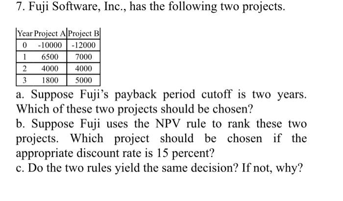 7 Fuji Software Inc Has The Following Two Projects Year Project A Project B 0 10000 12000 1 6500 7000 2 4000 4000 3 1