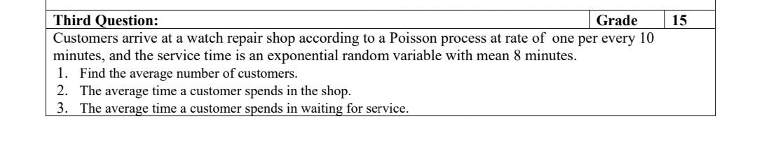 15 Third Question Grade Customers Arrive At A Watch Repair Shop According To A Poisson Process At Rate Of One Per Every 1