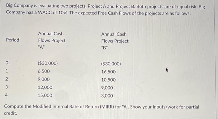 Big Company Is Evaluating Two Projects Project A And Project B Both Projects Are Of Equal Risk Big Company Has A Wacc 1