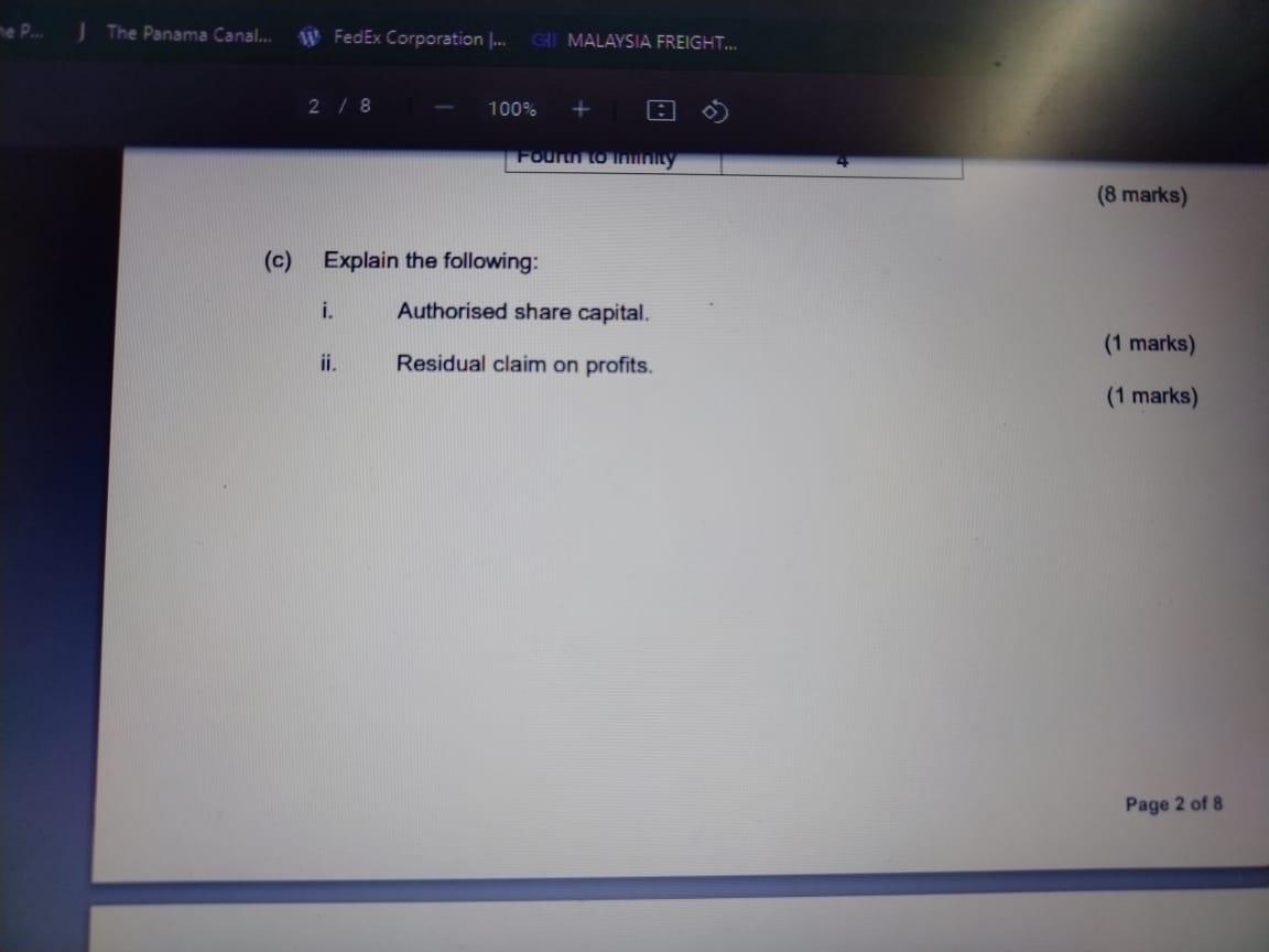 Ne The Panama Canal Fedex Corporation G Malaysia Freight 2 8 100 Four Loiminny 8 Marks C Explain 1