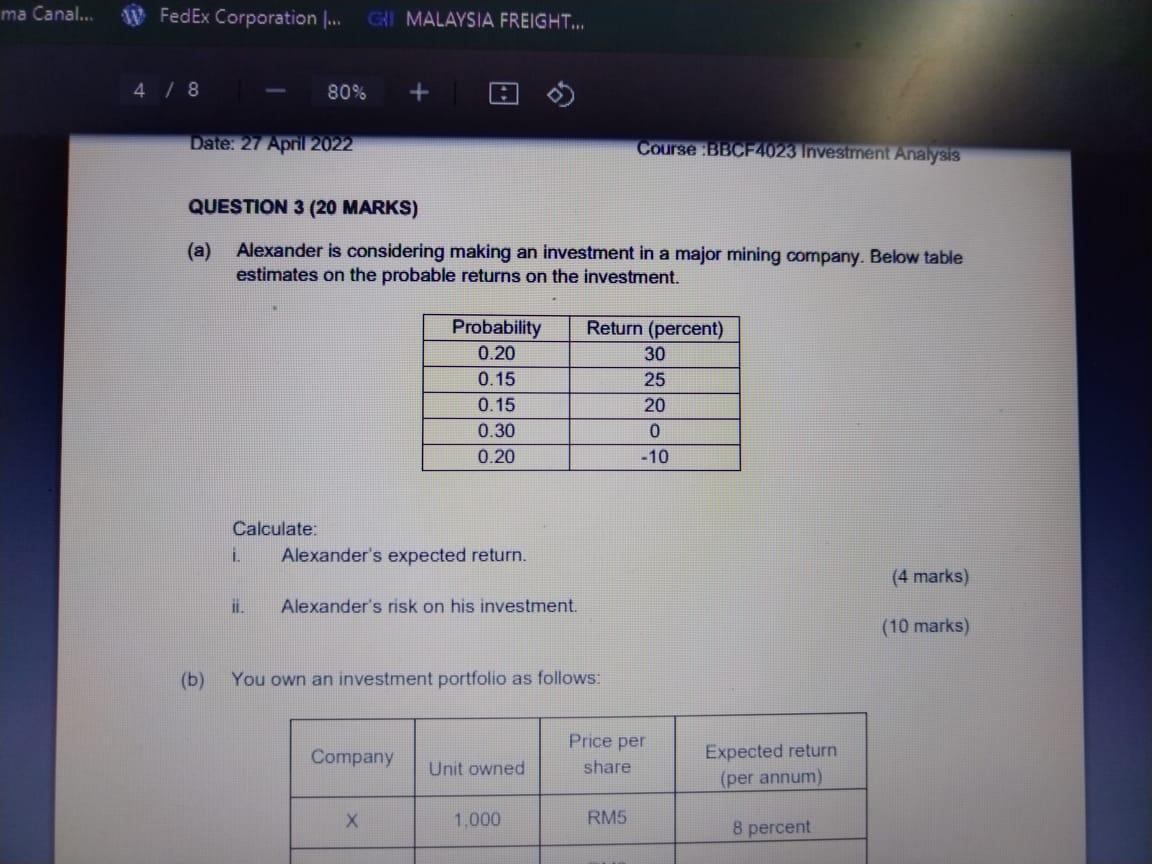Ma Canal Fedex Corporation Gi Malaysia Freight 4 8 80 Date 27 April 2022 Course Bbcf4023 Investment Anal 1
