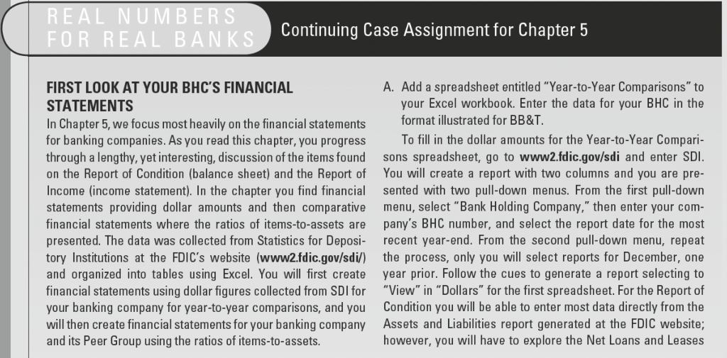 Real Numbers For Real Banks Continuing Case Assignment For Chapter 5 First Look At Your Bhc S Financial Statements In Ch 1