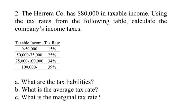 2 The Herrera Co Has 80 000 In Taxable Income Using The Tax Rates From The Following Table Calculate The Company S 1