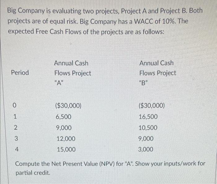 Big Company Is Evaluating Two Projects Project A And Project B Both Projects Are Of Equal Risk Big Company Has A Wacc 1